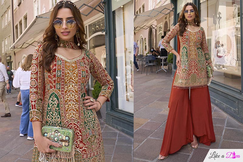 Multicolor & Rust Orange Crepe Silk Printed & Hand Embroidered Sharara Kurta Set