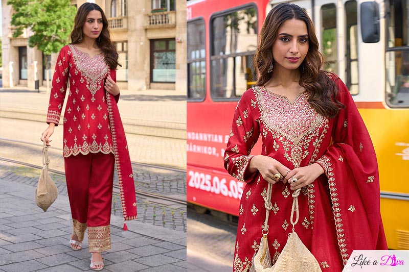 Red Silk Embroidered & Hand Embellished Kurta Set