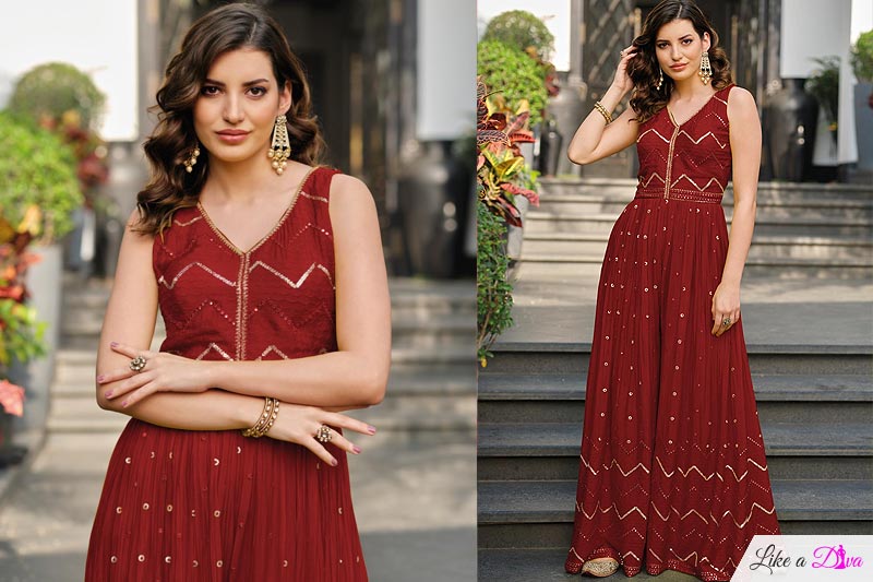 Ready To Wear Crimson Red Chinon Indo-western Jumpsuit