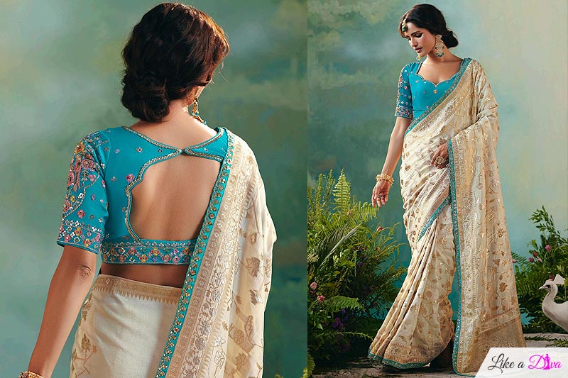 Ivory Zari Woven Silk Saree With Turquoise Embroidered Blouse