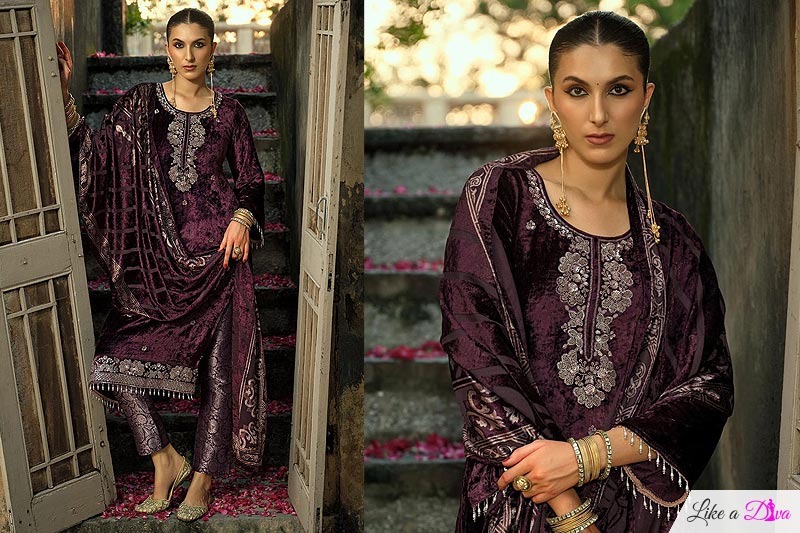 Plum Velvet Hand Worked & Embroidered Kurta Set