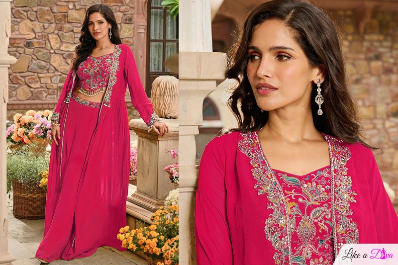Magenta Rose Georgette Indowestern Embroidered Top & Palazzo Set With Jacket