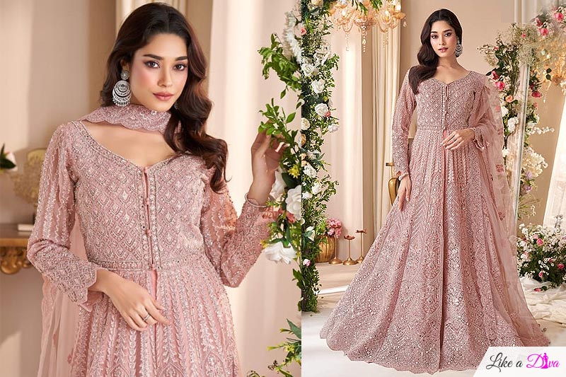 Blush Pink Net Sparkling Embroidered Anarkali Dress With Dupatta