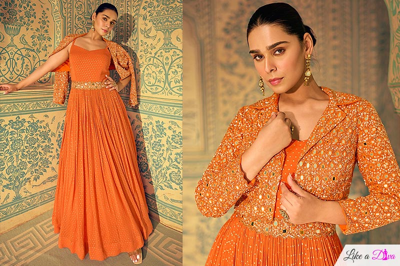 Orange Georgette Embroidered Indowestern Anarkali Dress With Jacket