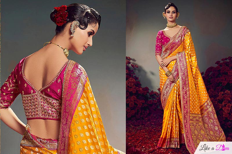 Bright Yellow Satin Silk Zari Woven Saree
