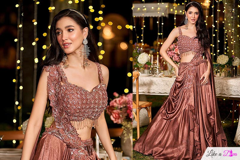 Rust Brown Metallic Satin Silk Hand Embroidered Indowestern Lehenga Set