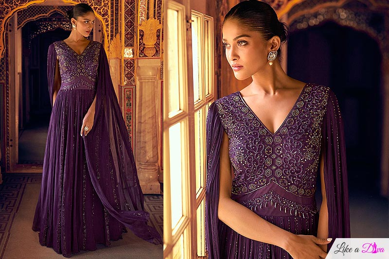 Plum Georgette Embroidered Indowestern Anarkali Dress