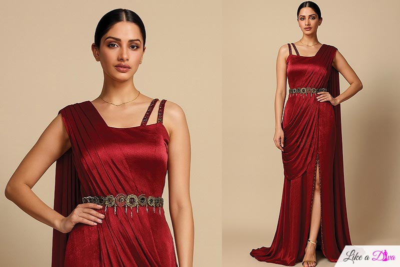 Pre Draped Crimson Red Indo Western Silk Front Slit Hand Worked Saree With Belt