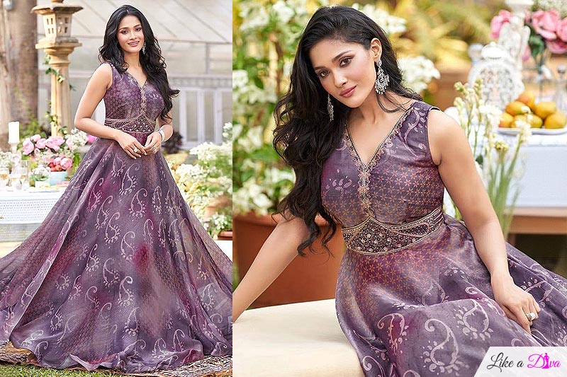 Lavender Organza Silk Printed & Hand Embroidered Indowestern Long Dress With Net Dupatta