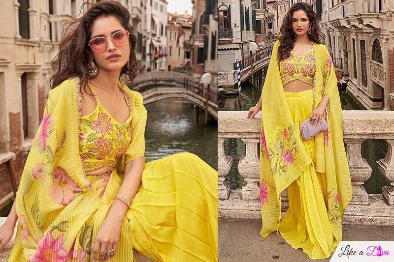 Yellow Chinon Silk Hand Embroidered Indowestern Top & Dhoti Skirt Set With Cape