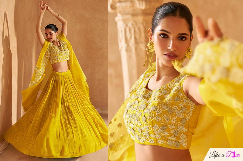 Yellow Chinon Silk Hand Embroidered Skirt Set With Organza Silk Jacket