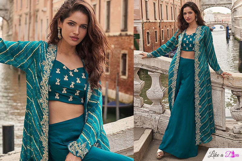 Prussian Blue Chinon Silk Hand Embroidered Indowestern Top & Palazzo Set With Jacket