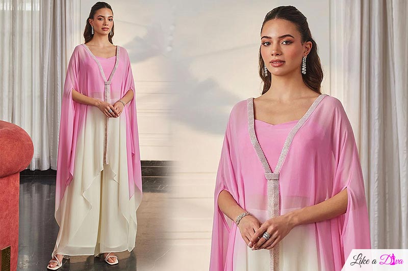 Ivory & Pink Ombre Sparkling Crystal Detailed Georgette Top, Palazzo, & Shrug Set