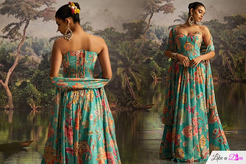 Turquoise Georgette Floral Printed & Hand Worked Corset Top With Lehenga & Dupatta