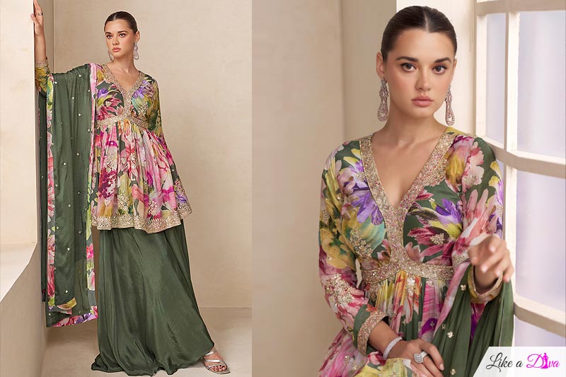 Bottle Green & Multicolor Chinon Silk Printed & Embroidered Peplum Sharara Set