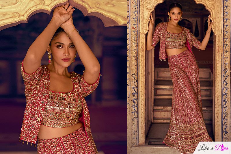 Magenta Pink Georgette Embroidered Top & Palazzo Set With Jacket