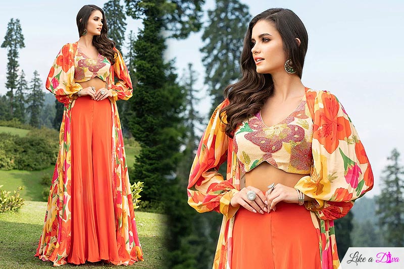 Multicolor & Orange Crepe Silk Printed & Embroidered Top & Sharara Set With Jacket