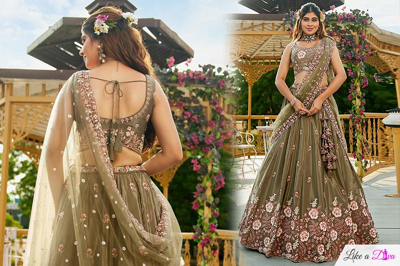 Olive Green Embroidered Satin Lehenga Set
