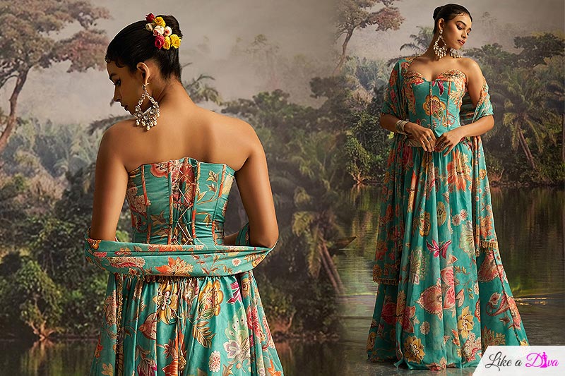Turquoise Georgette Floral Printed & Hand Worked Corset Top With Lehenga & Dupatta