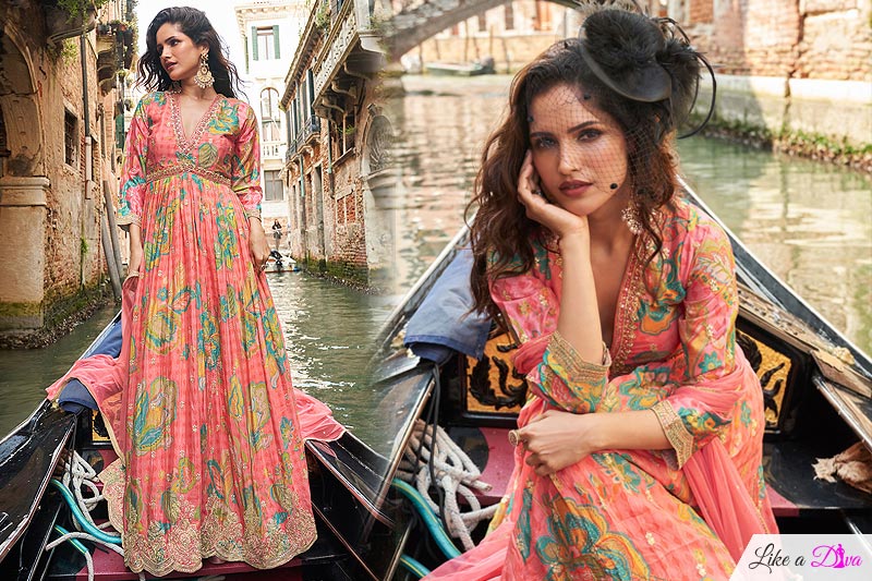 Coral Chinon Silk Printed & Embroidered Anarkali Dress With Dupatta