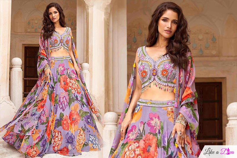 Lavender Multicolor Soft Organza Silk Printed & Embroidered Skirt & Top Set With Shrug Style Dupatta