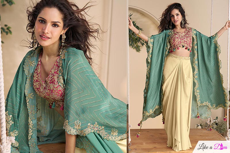 Vanilla, Magenta, & Teal Chinon Silk Embroidered & Hand Embellished Dhoti Skirt With Top & Printed Shrug