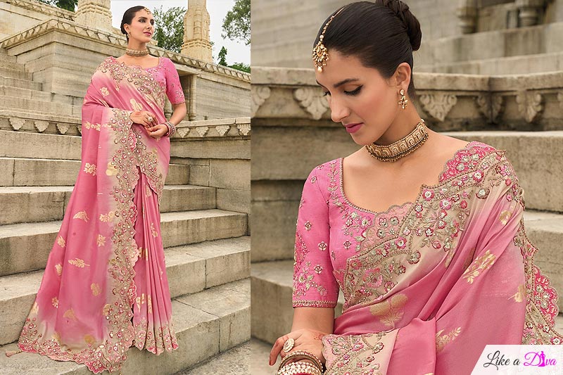 Pink Tissue Silk Embroidered Saree