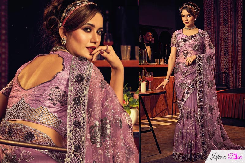 Dusty Pink Net Embellished Designer Saree