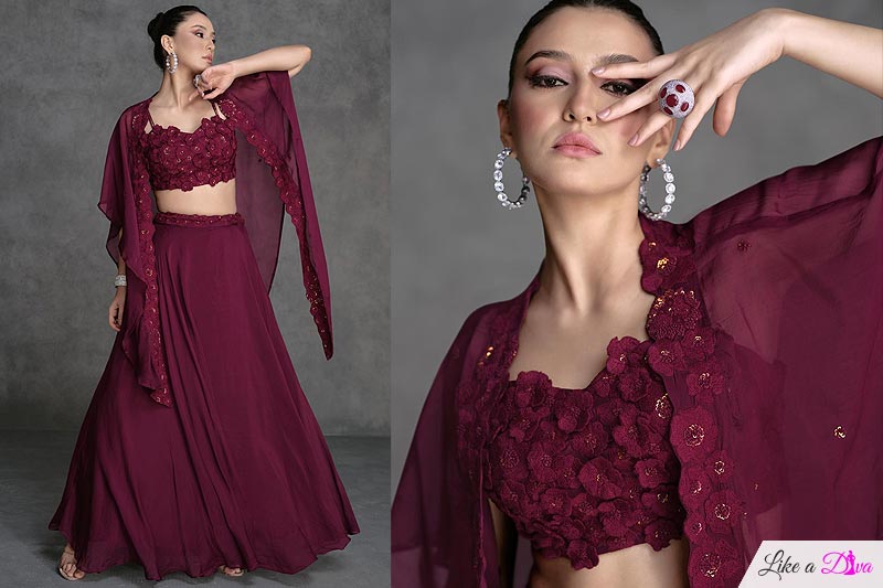 Wine Georgette Embroidered Indowestern Lehenga Set