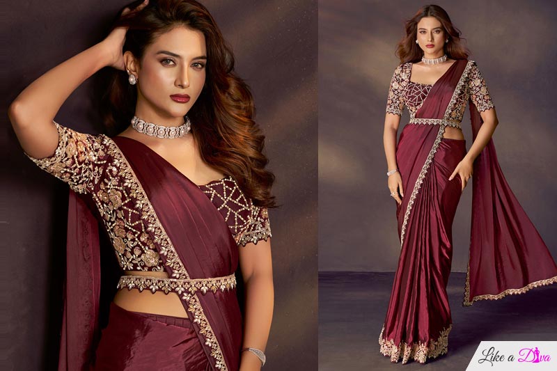 Pre-draped Maroon Two-tone Soft Silk Saree With Embroidered Blouse & Belt