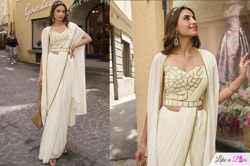 Pearl White Pre-draped Georgette Saree With Hand Embroidered Blouse & Shrug
