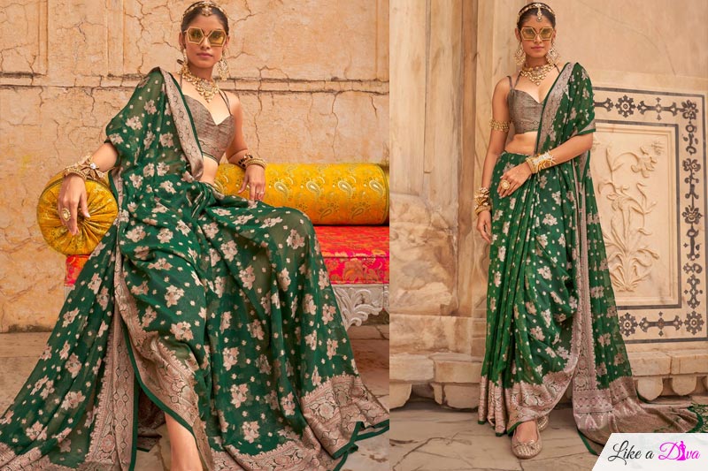Dark Green Zari Weaved Georgette Saree