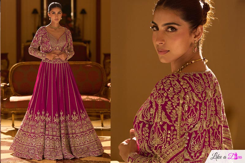 Magenta Pink Georgette Indo-western Embroidered Top & Skirt Set With Jacket