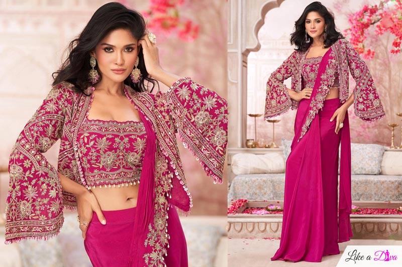 Pre Draped Magenta Pink Crepe Silk Embroidered Saree With Jacket