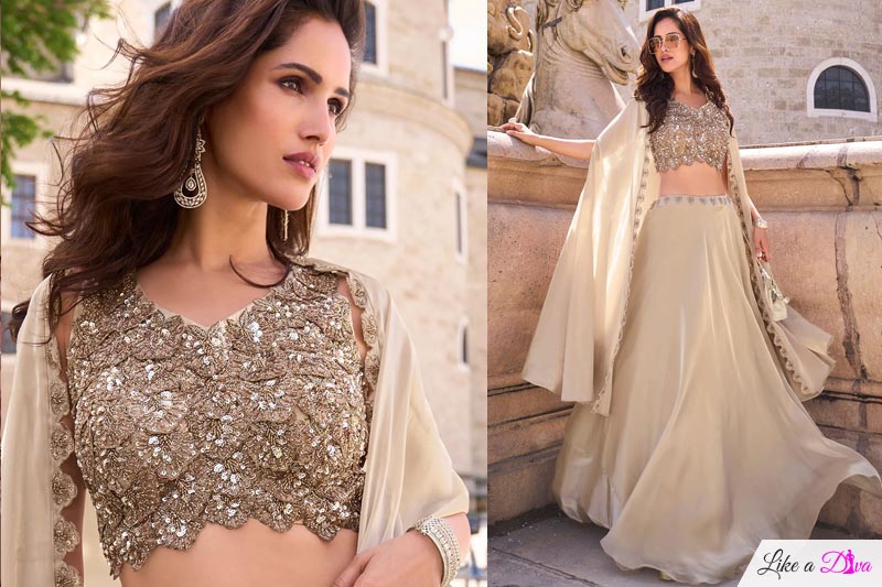 Champagne Beige Organza Silk Embroidered Indowestern Top & Skirt Set With Shrug