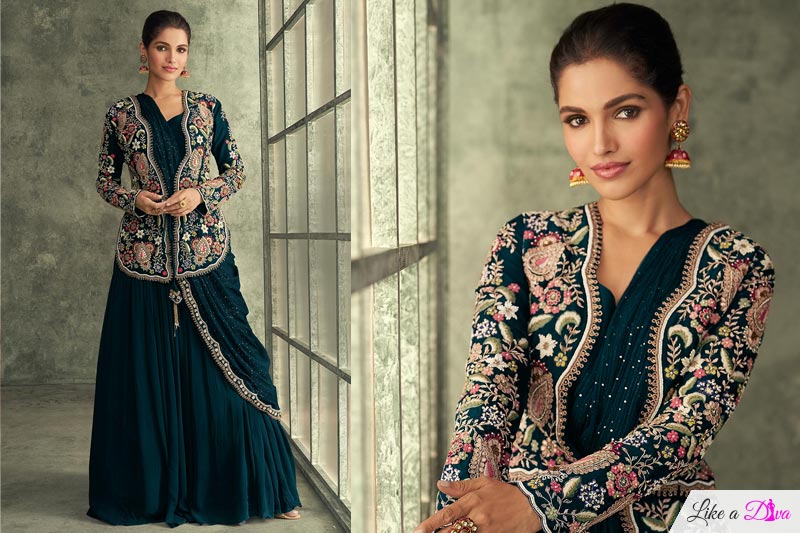 Deep Teal Georgette Saree Style Dress With Embroidered Silk Jacket