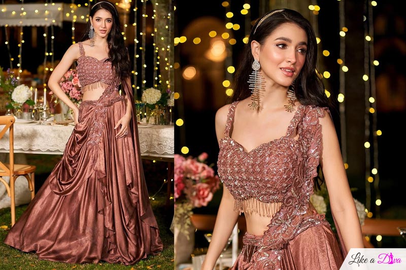 Rust Brown Metallic Satin Silk Hand Embroidered Indowestern Lehenga Set