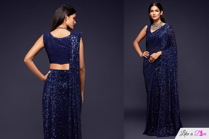 Navy Blue Georgette Sequined Saree