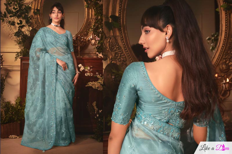 Aqua Embroidered Tissue Organza Silk Saree