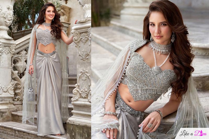Silver Satin Silk Draped Dhoti Skirt With Hand Embroidered Net Crop Top