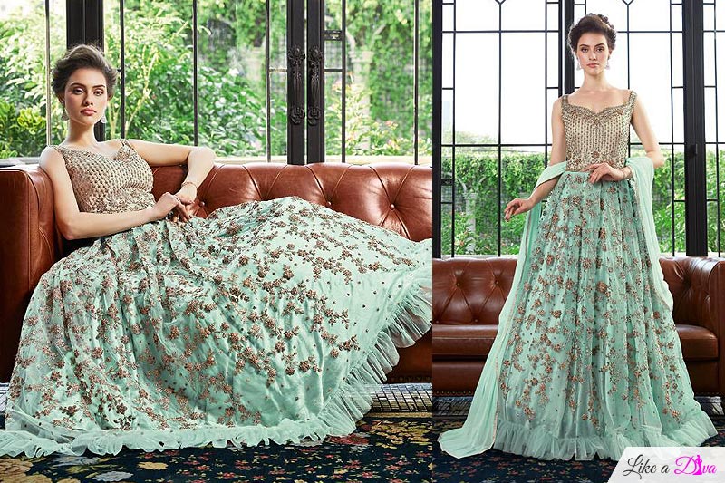 Party Wear Floral Embroidered Anarkali Dress in Net