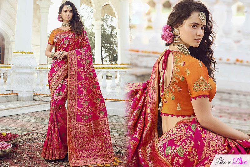 Pink, Orange & Golden Banarasi Silk Saree