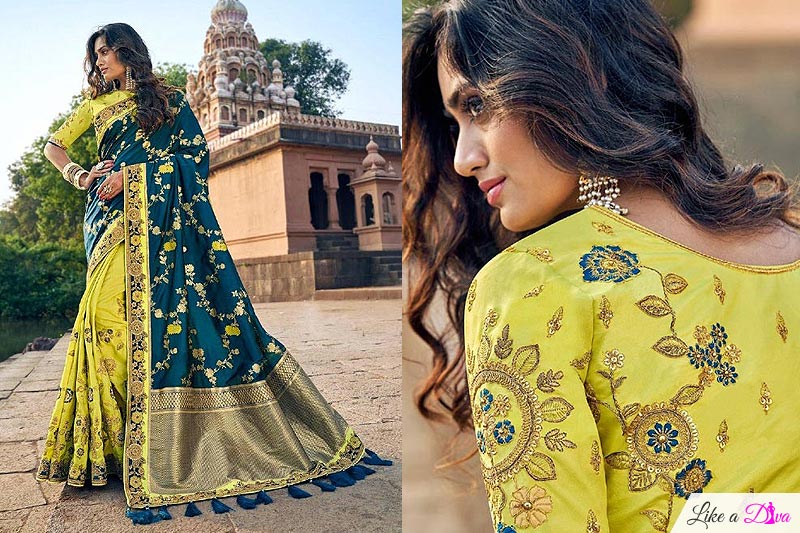 ExquisiteLemon Green & Teal Embroidered Banarasi Silk Saree