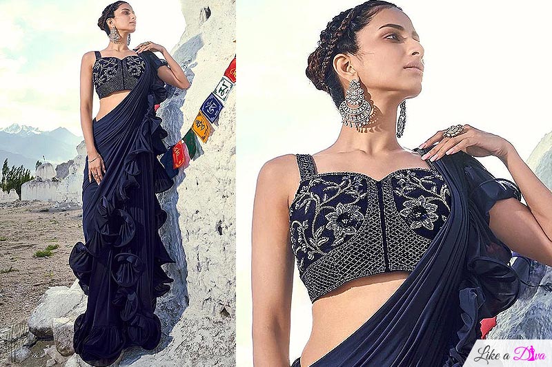 Classic Navy Ruffle Saree with Bead Work Blouse
