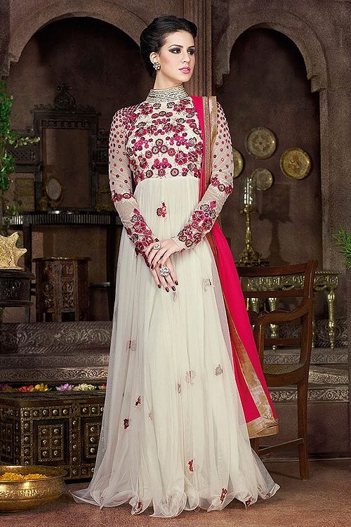 White Violet Heavy Embroidery Anarkali Suits