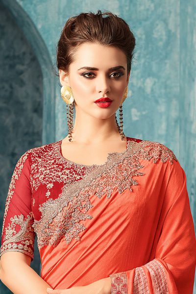 Orange Designer Saree With Red Zari Embroidered Blouse