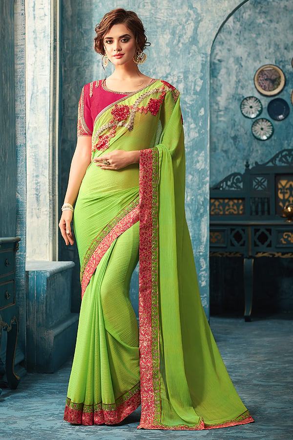 Buy Green Designer Saree With Pink Embroidered Blouse