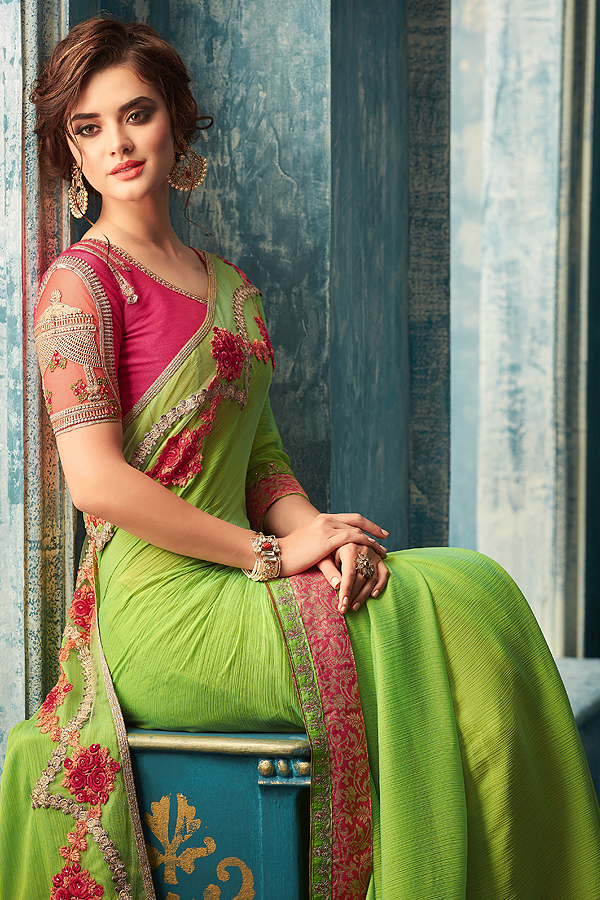 Buy Green Designer Saree With Pink Embroidered Blouse Online | Like A Diva