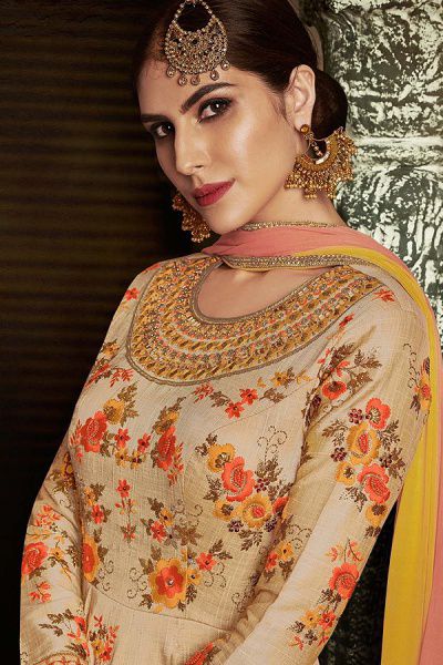 Stunning Floral Anarkali Dress In Handloom Silk