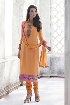Ayka Designer Sunbaked Orange Thread Embroidered Georgette Straight Cut Churidar Suit